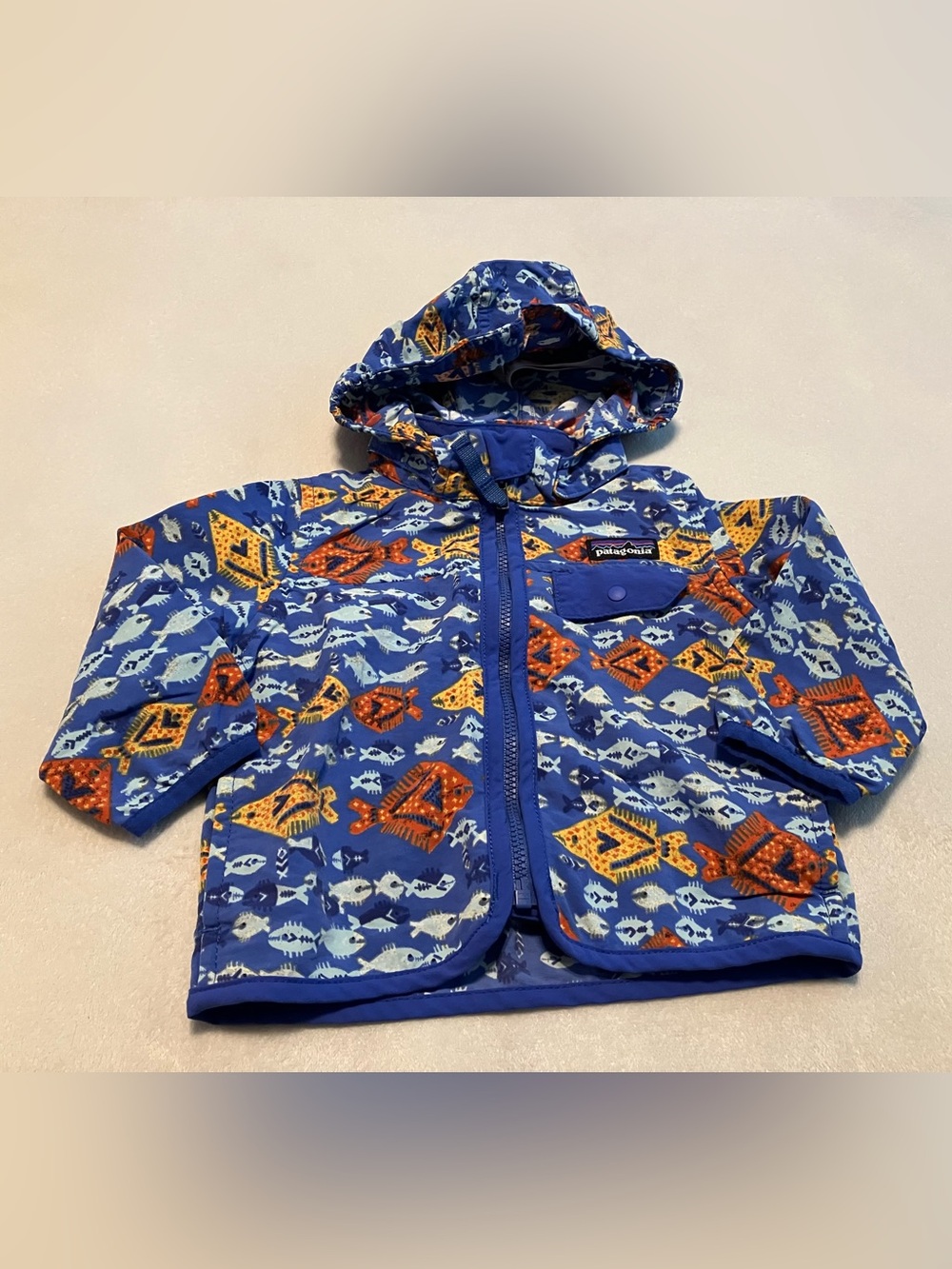 Patagonia Blue Kids Hooded Coat with Orange & Light Blue Fish Motif